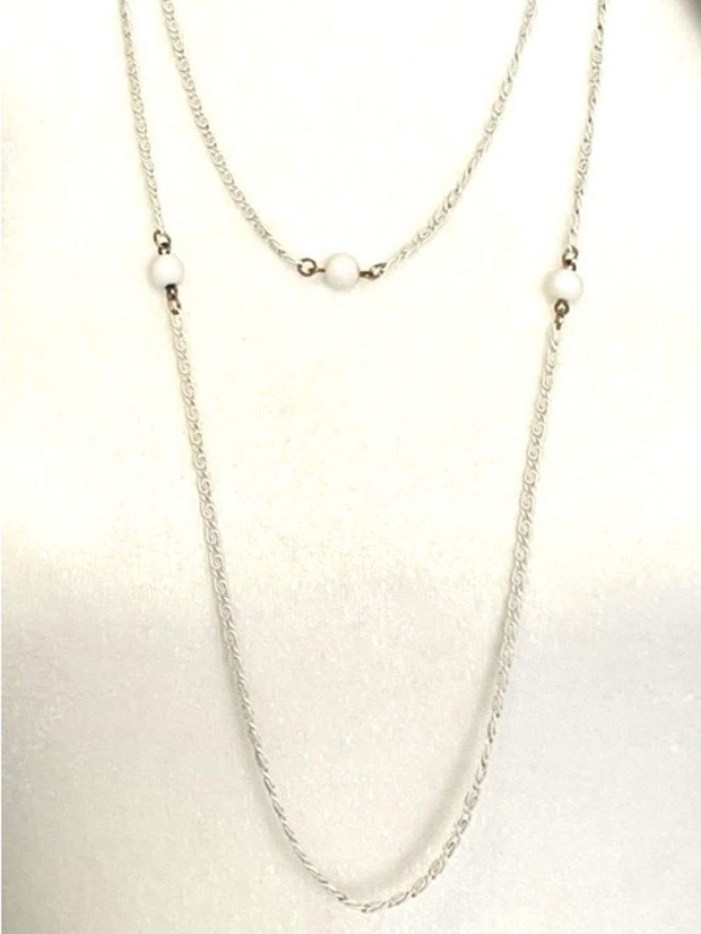 Vintage Monet White Long Chain and Beaded Necklace